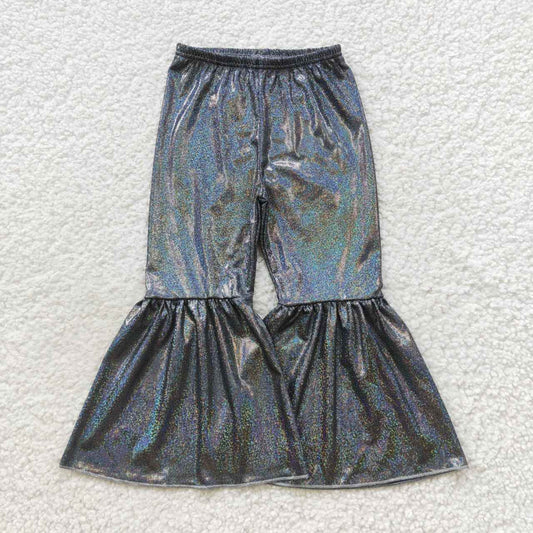 P0195 Girls black holographic spandex bell bottom pants