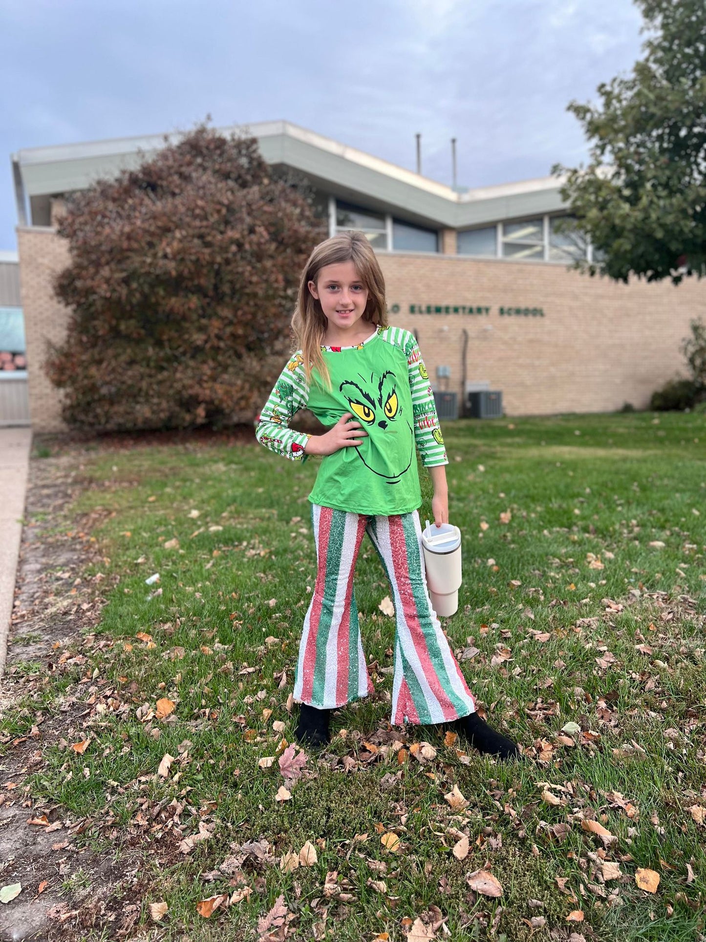 P0199 Girls red green stripes sequin Christmas bell bottom pants