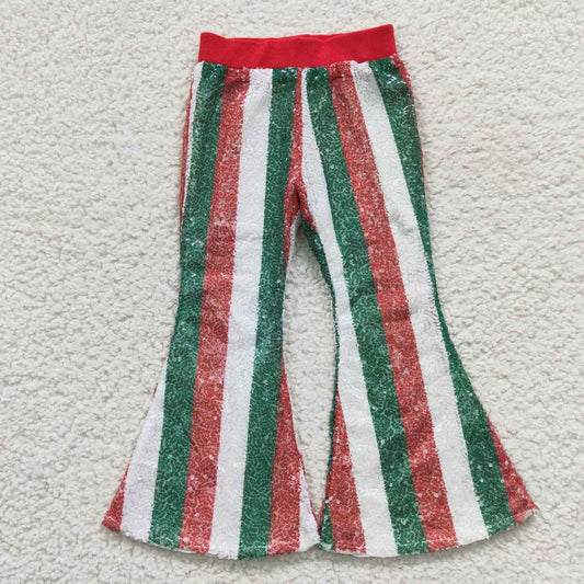 P0199 Girls red green stripes sequin Christmas bell bottom pants