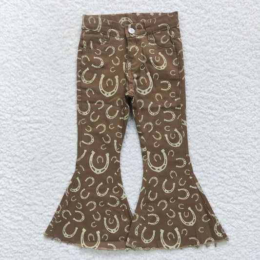 P0227   Girls brown horseshoe print denim western bell bottom jeans