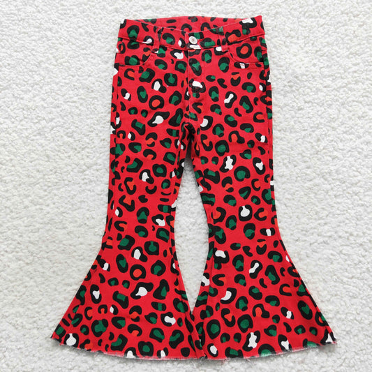 P0229   Girls red leopard print denim bell bottom jeans Christmas pants