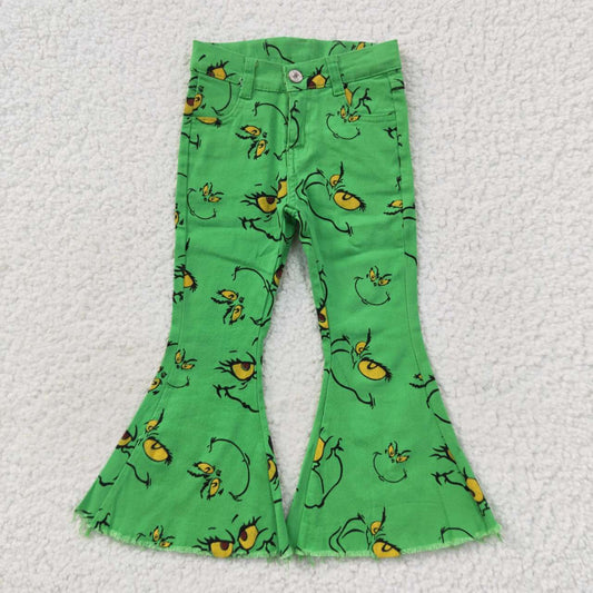 P0230   Girls green Christmas frog print denim bell bottom jeans Christmas pants