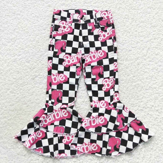 P0243 Girls black plaid and pink BA print denim bell bottom jeans