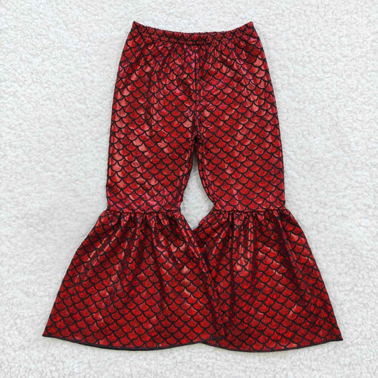 P0247 Girls red mermaid scale holographic spandex bell bottom pants