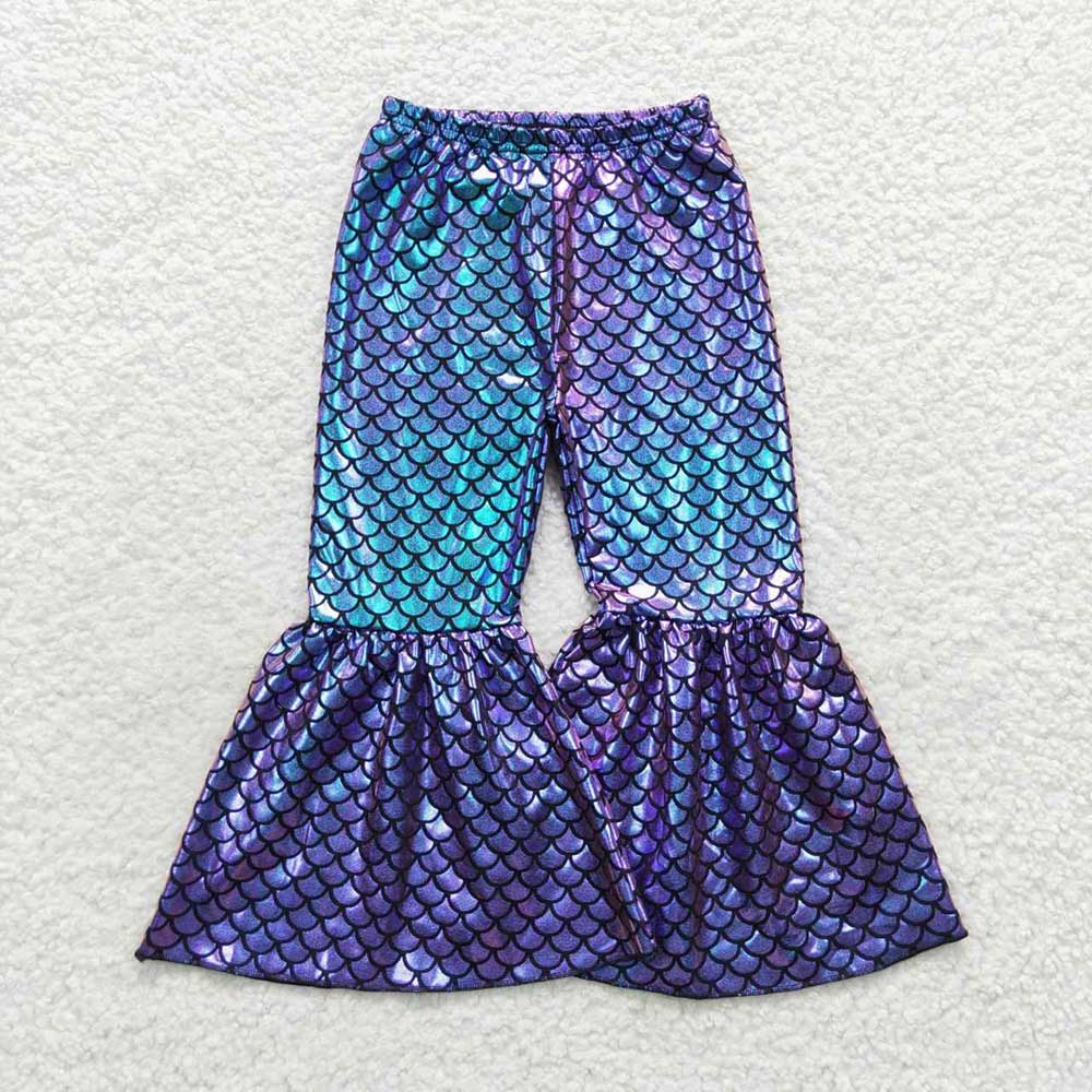 5 Colors Mermaid Scale Holographic Spandex Bell Bottom Pants Sisters Wear