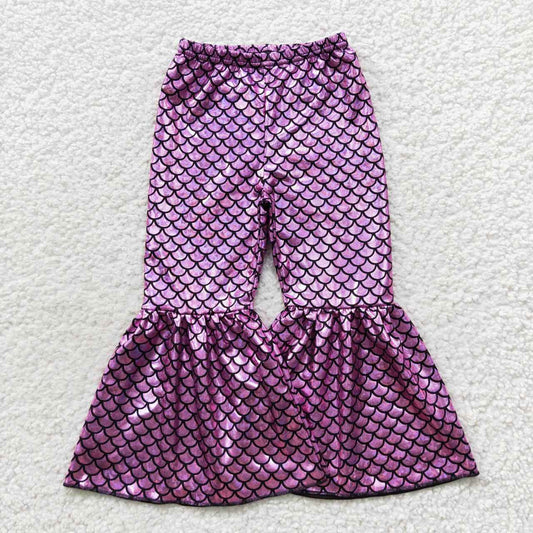 P0249 Girls pink mermaid scale holographic spandex bell bottom pants