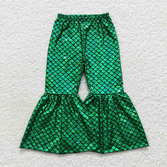 P0250 Girls green mermaid scale holographic spandex bell bottom pants