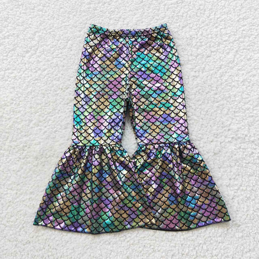 P0251 Girls colorful mermaid scale holographic spandex bell bottom pants