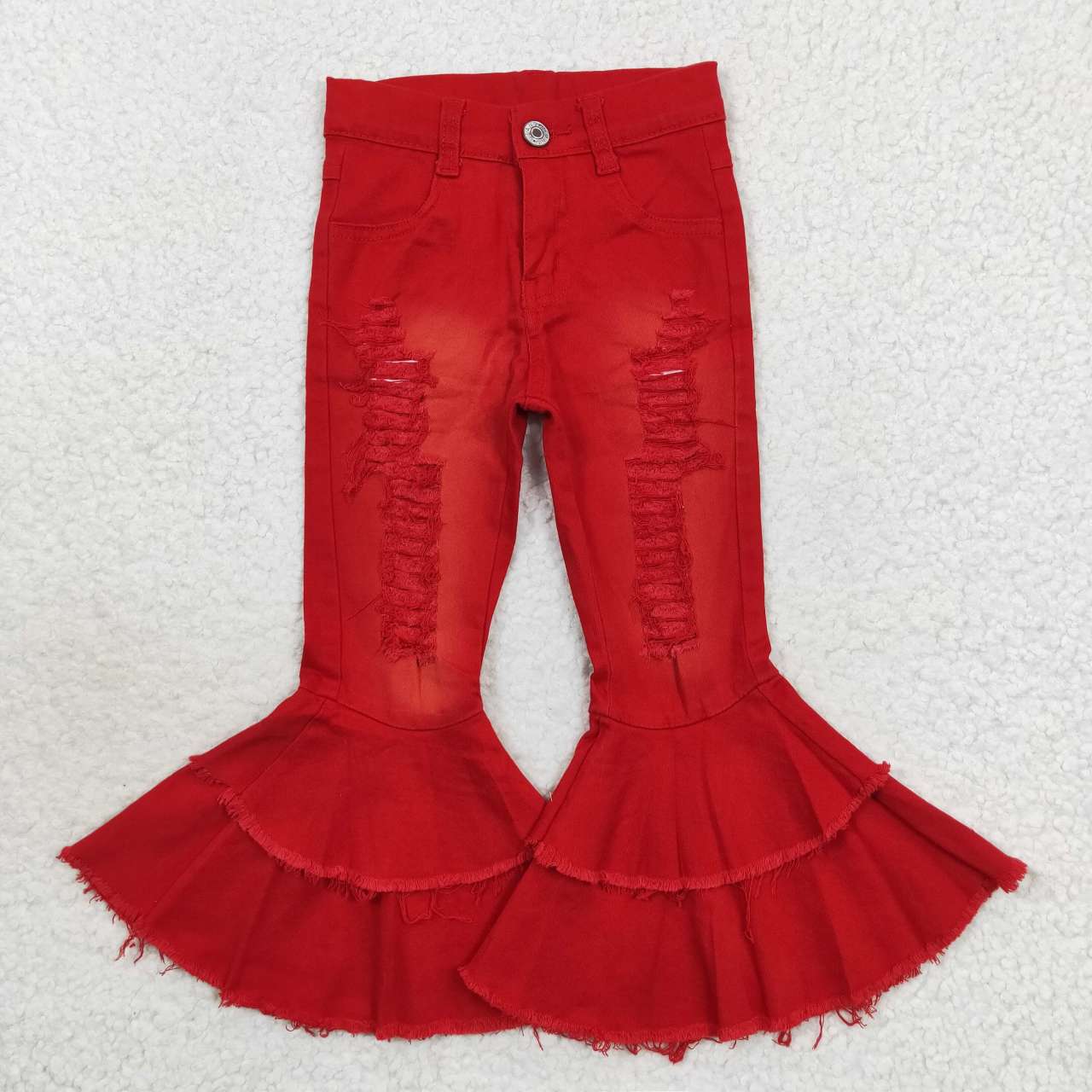 P0270 Red denim hole bell bottom jeans