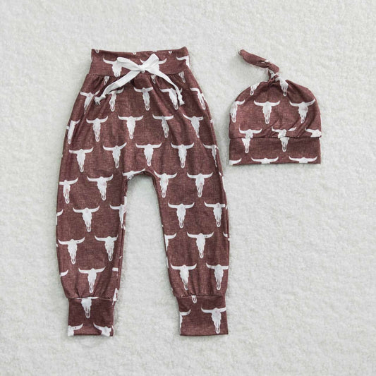 P0273 Brown Cow Skull Print Pants With Baby Hat