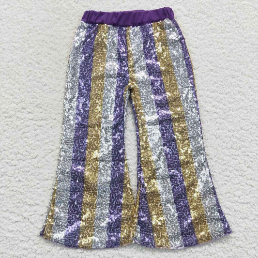 P0276 Girls purple golden stripes sequin bell bottom pants