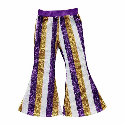 (Custom Design MOQ 5) Adult purple golden stripes sequin bell bottom pants