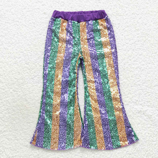 P0277 Girls green golden and purple stripes sequin bell bottom pants