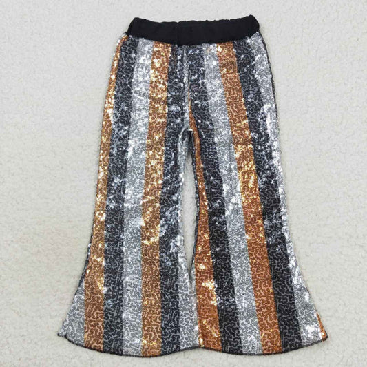 P0278 Girls black golden stripes sequin bell bottom pants