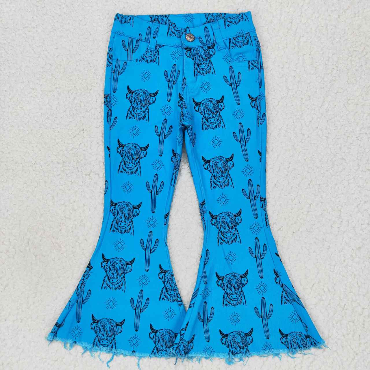 P0281 Girls blue highland cow print denim bell bottom jeans western pants