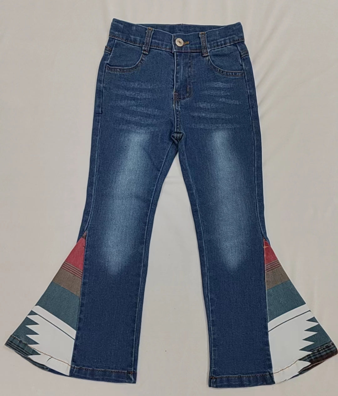 (Pre-order)  P0303 Blue denim aztec print ruffle girls bell bottom jeans western pants