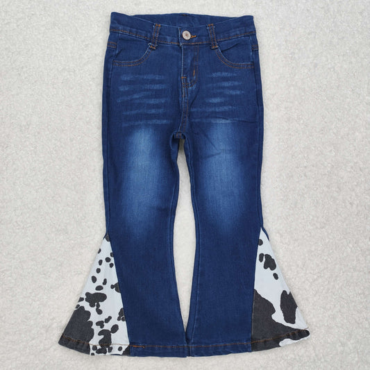 P0304 Blue Denim Cowhide Print Ruffle Bell Bottom Jeans Girls Western Pants