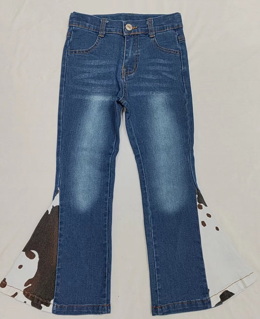 (Pre-order)  P0305 Blue denim brown cow print ruffle girls bell bottom jeans western pants