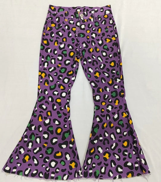 P0313 Purple Leopard Denim Girls Bell Bottom Jeans Mardi Gras Pants