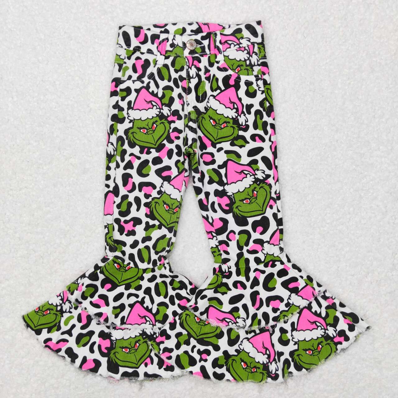 P0318 Pink Leopard Frog Face Denim Girls Bell Bottom Jeans Christmas pants