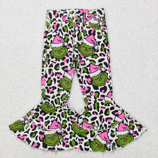 P0318 Pink Leopard Frog Face Denim Girls Bell Bottom Jeans Christmas pants
