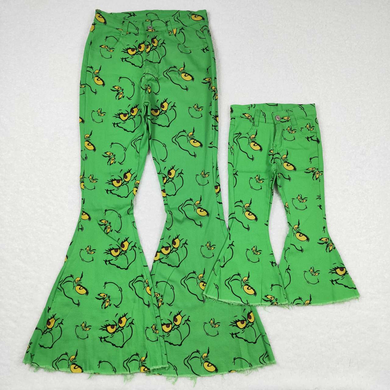 Mommy and Me Matching Jeans-Christmas Green Frog Face Denim Bell Bottom Pants