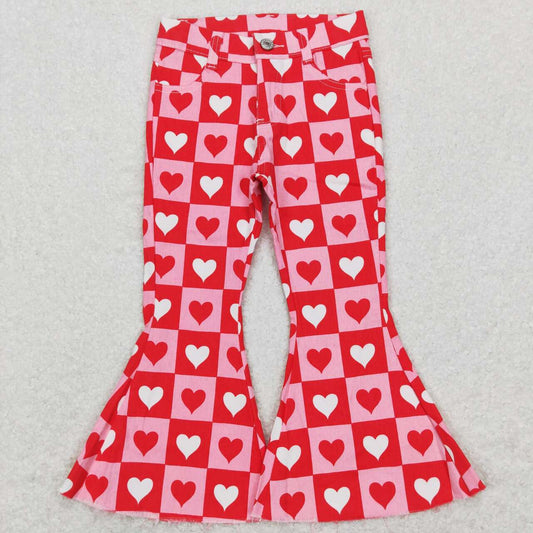P0324 Pink Heart Denim Girls Bell Bottom Jeans Girls Valentine's Day Pants