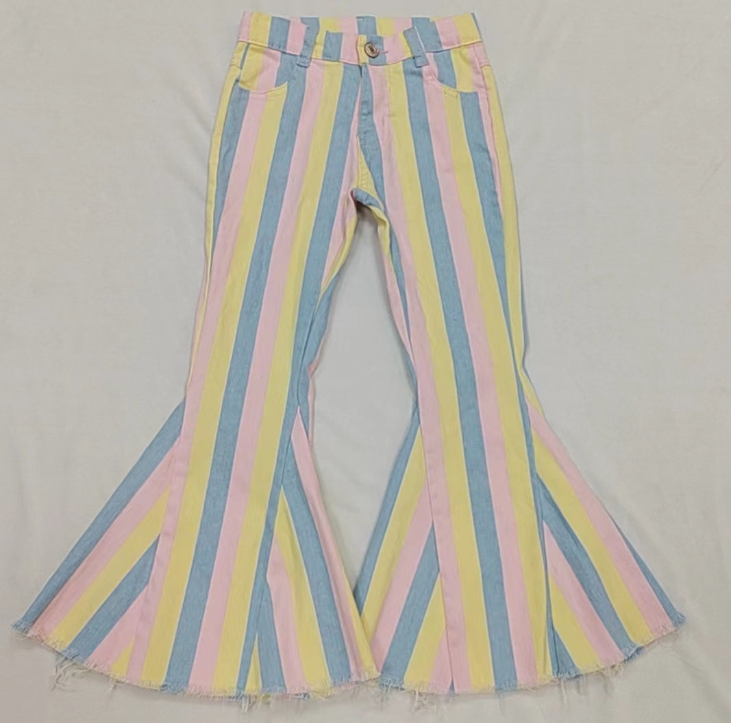 (Pre-order)  P0336 Pink yellow blue stripes denim girls bell bottom jeans pants