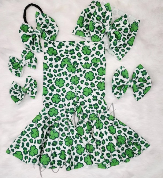 (Pre-order)P0343 Green Quatrefoil Leopard Bell Pants Girls St. Patrick's Clothes