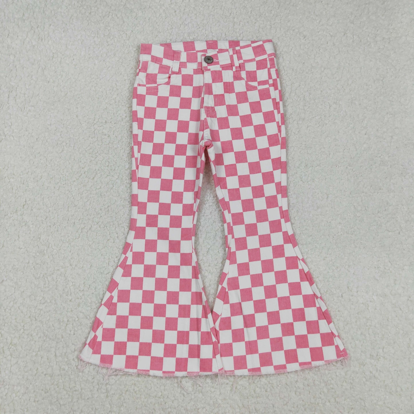 P0348 Pink Plaid Denim Bell Bottom Jeans Girls Pants