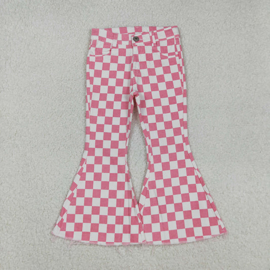 P0348 Pink Plaid Denim Bell Bottom Jeans Girls Pants