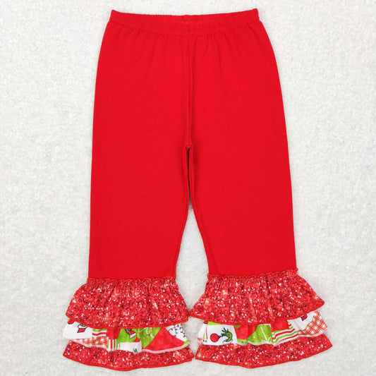P0358 Christmas Frog Print Girls Ruffles Red Pants