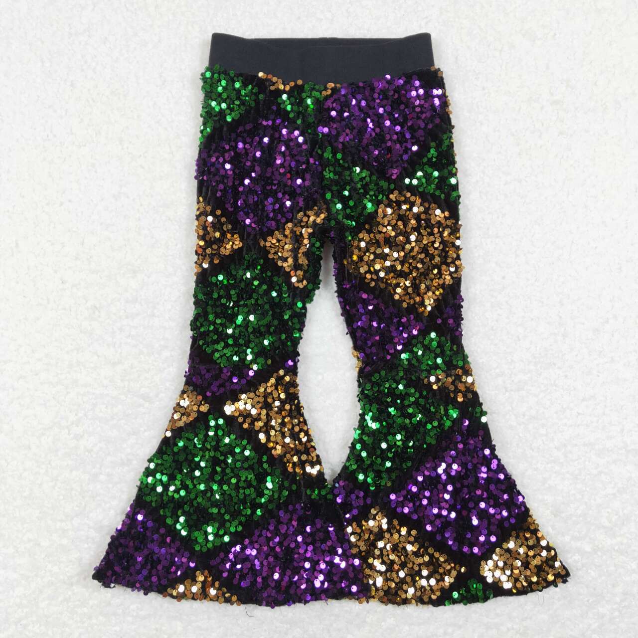 P0359 Purple Green Yellow Square Sequin Sparkle Bell Bottom Mardi Gras Pants