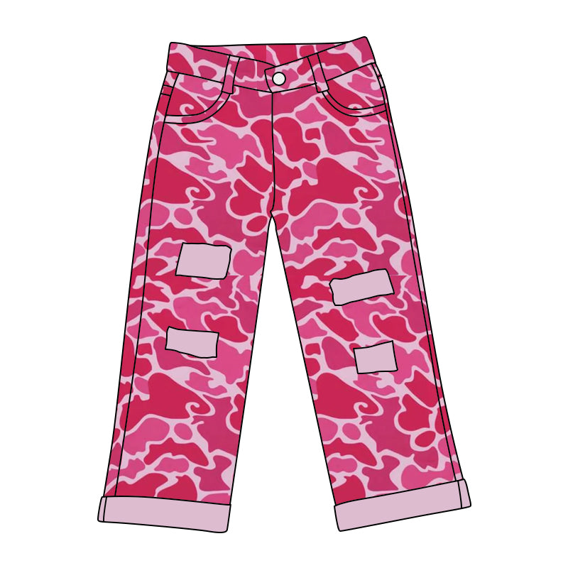 (Pre-order)P0371 Pink Camo Denim Hole Jeans Girls Pants