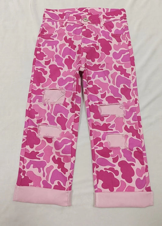 (Pre-order)P0371 Pink Camo Denim Hole Jeans Girls Pants