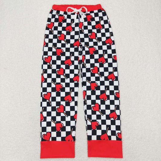 P0388 Black Plaid Heart Print Adult Pajamas Pants