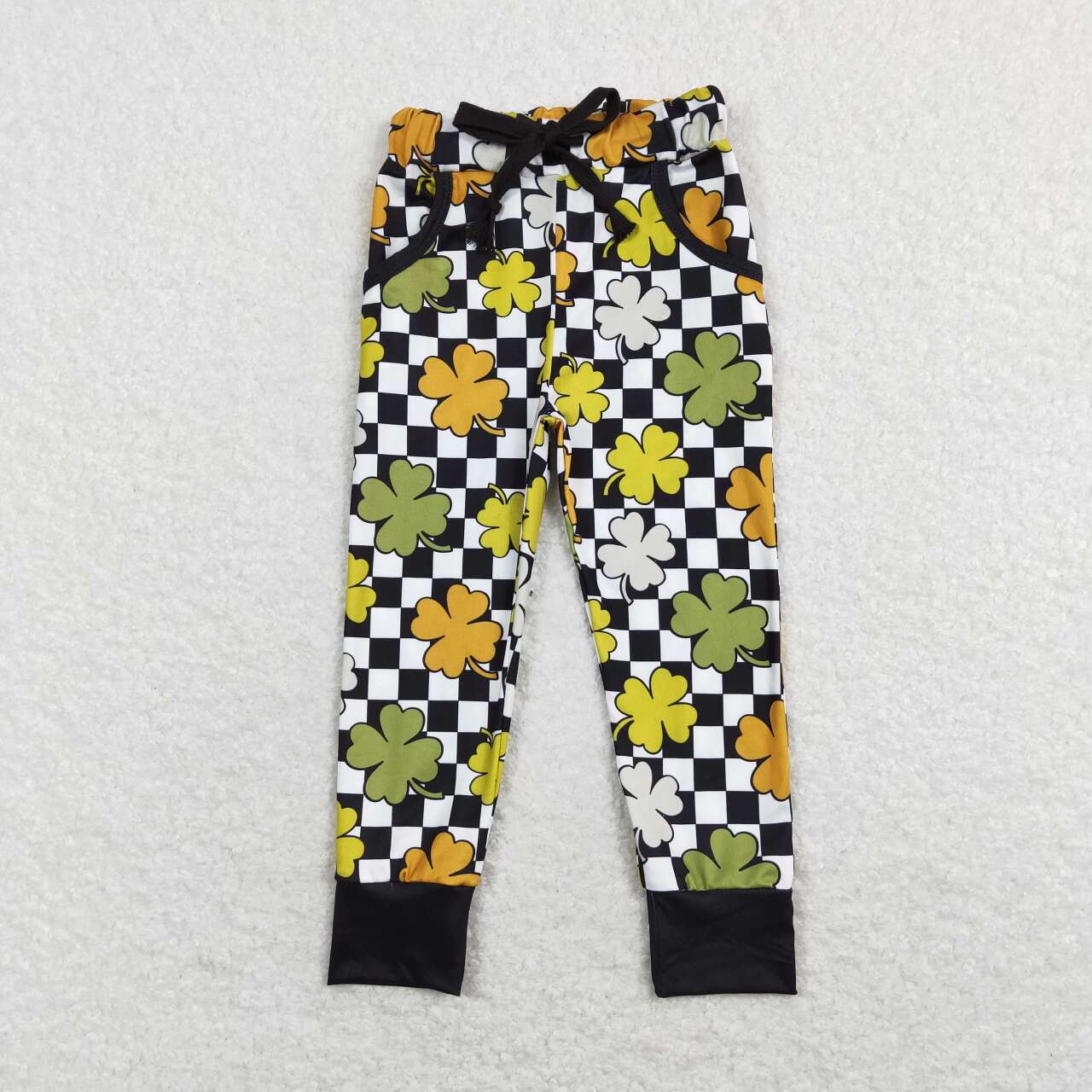 P0402 Green Quatrefoil Black Plaid Print Boys St. Patrick's Pants