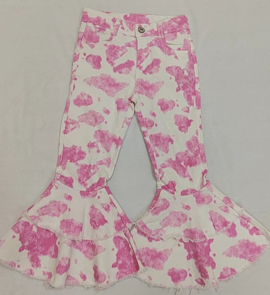 (Pre-order)P0406 Pink Cow Print Denim Bell Bottom Jeans Baby Girls Pants