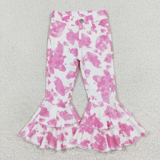 P0406 Pink Cow Print Denim Bell Bottom Jeans Girls Western Pants