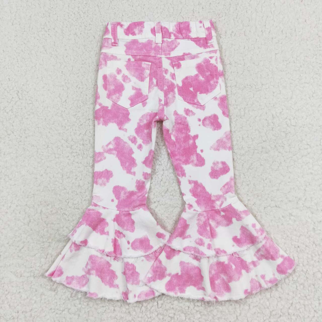 P0406 Pink Cow Print Denim Bell Bottom Jeans Girls Western Pants
