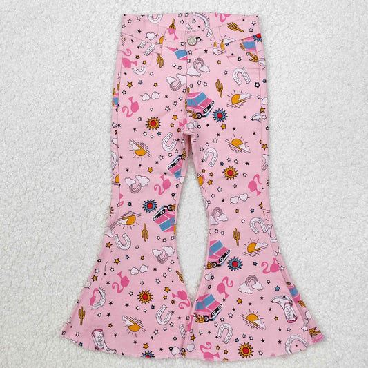 P0407 Pink BA Print Denim Bell Bottom Jeans Baby Girls Western Pants