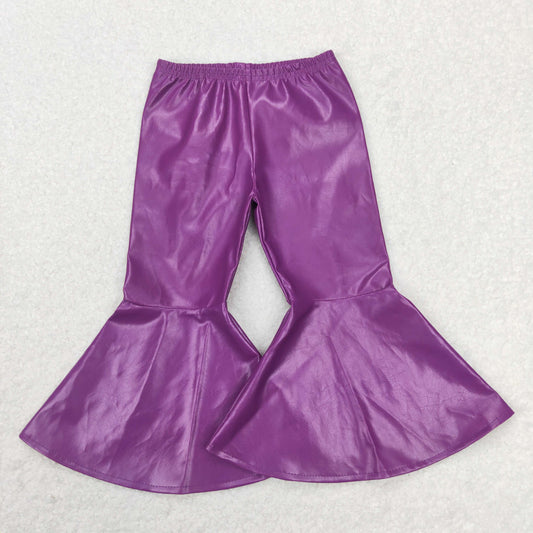 P0419 Girls Purple Leather Ruffle Bell Bottom Pants