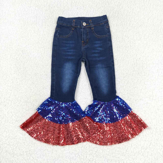 P0430 Blue Denim Sequin Ruffles Bell Bottom Jeans Girls 4th of July Pants