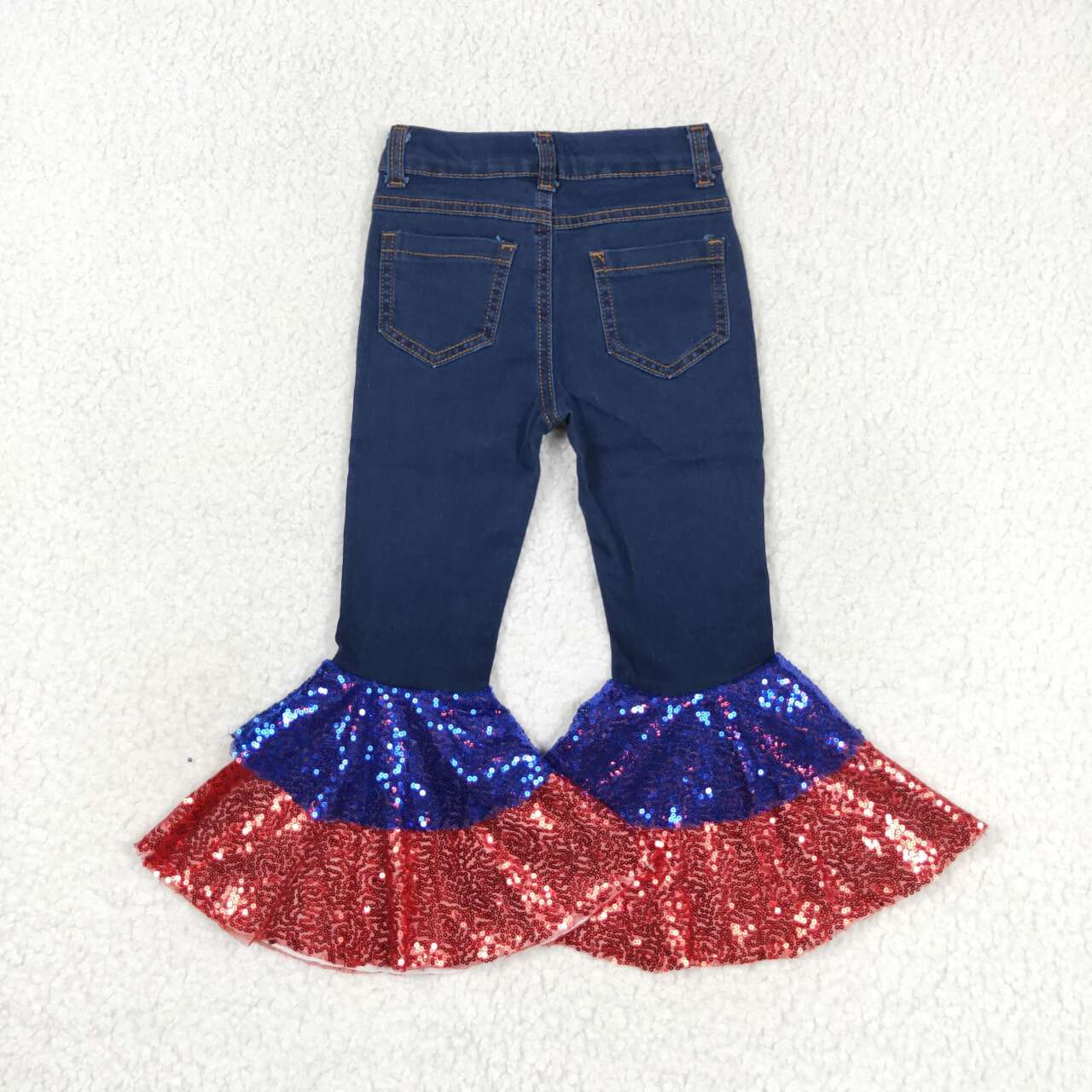 P0430 Blue Denim Sequin Ruffles Bell Bottom Jeans Girls 4th of July Pants