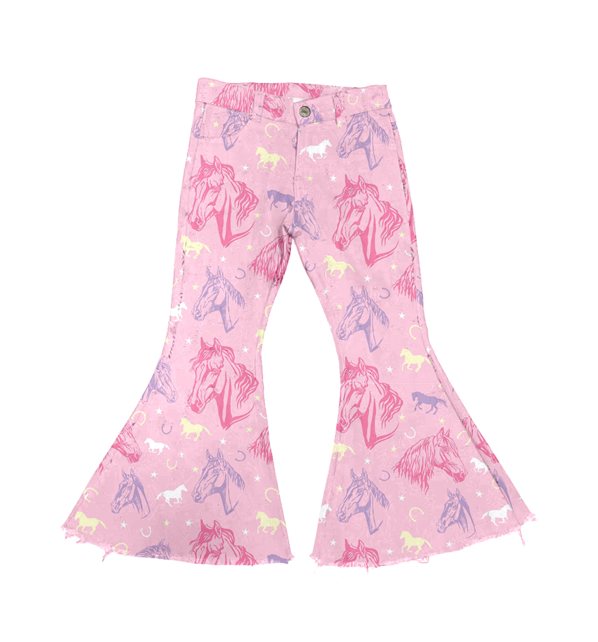 (Pre-order)  P0431 Pink Horse Denim Bell Bottom Jeans Girls Western Pants