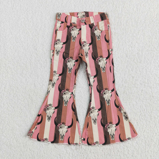 P0437 Cow Skull Flowers Denim Bell Bottom Jeans Girls Western Pants