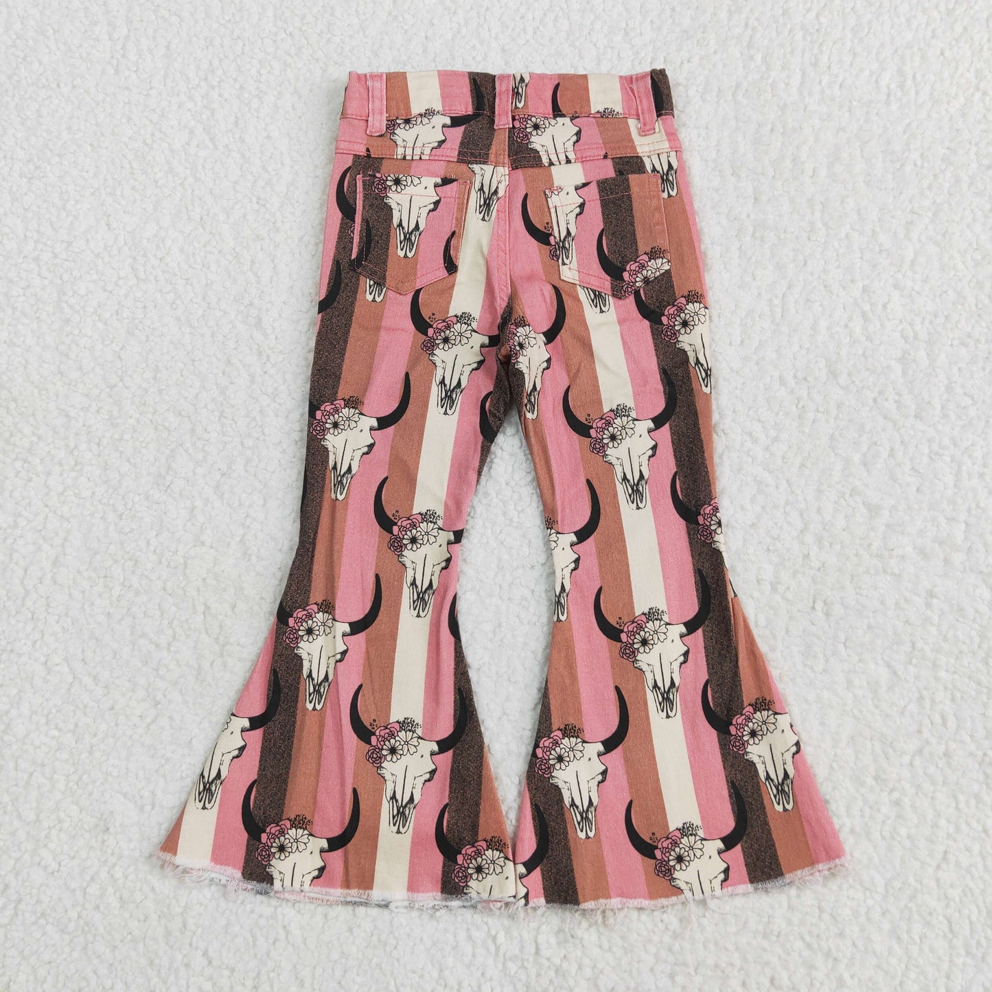 P0437 Cow Skull Flowers Denim Bell Bottom Jeans Girls Western Pants