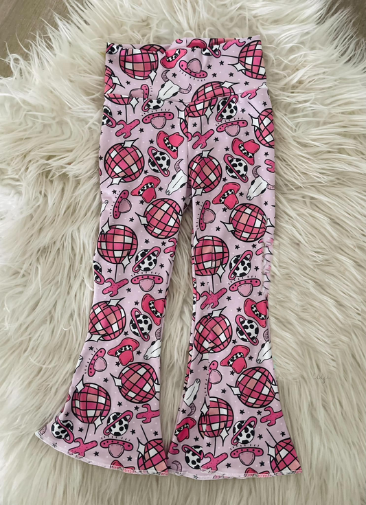 (Pre-order)P0445 Pink Disco Cactus Print Girls Bell Bottom Pants