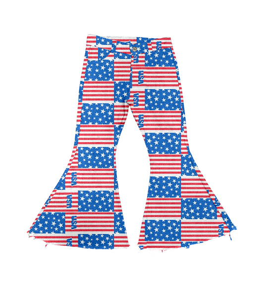 (Pre-order)P0456   Flags Denim Bell Bottom Jeans Girls 4th of July Pants