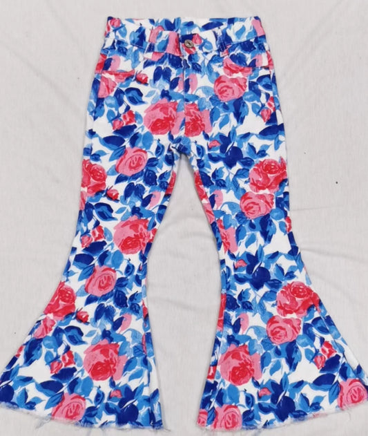 (Pre-order)P0466   Blue Flowers Denim Bell Bottom Jeans Girls Pants